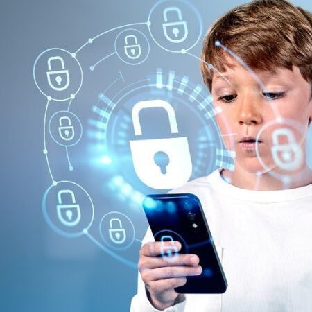boy on cell phone with padlocks floating around it