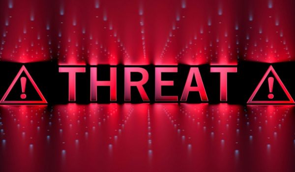 the word "threat" with exclamation points on either side colors are red and black