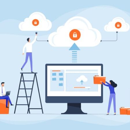 vector image of people working on a laptop together