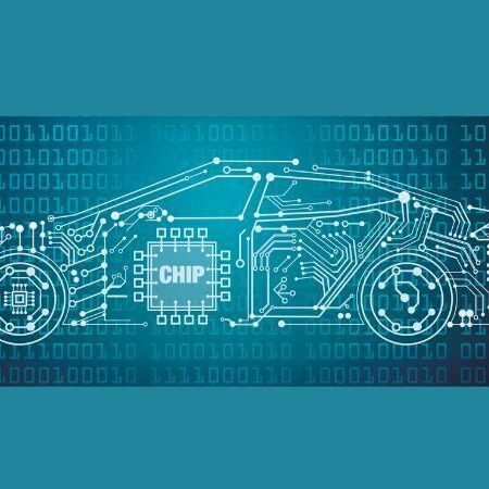digital blueprint of car with an AI chip in it