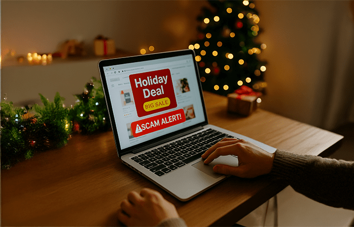 Laptop open to a misleading holiday email that in actuality a phishing scam