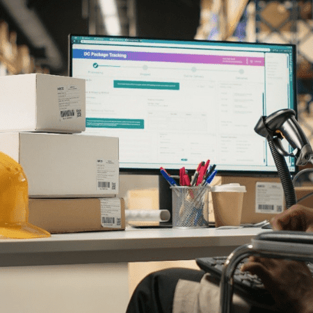 desktop workspace in a warehouse shipping environment