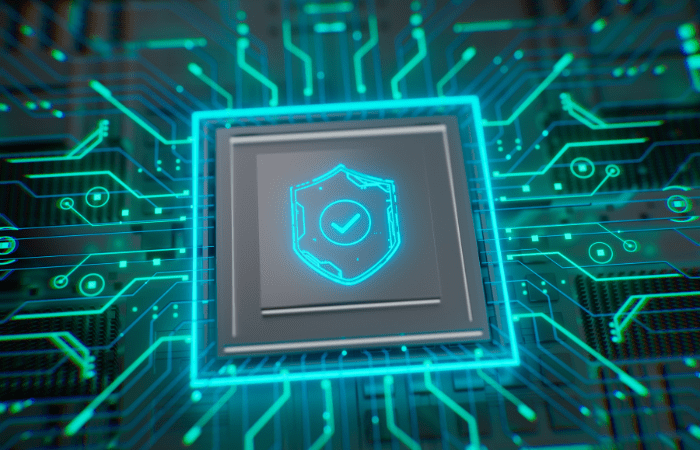 2nd Jan Blog – Protect client data at all costs – feature final .jpg a check mark on a microchip indicating that the network is secure